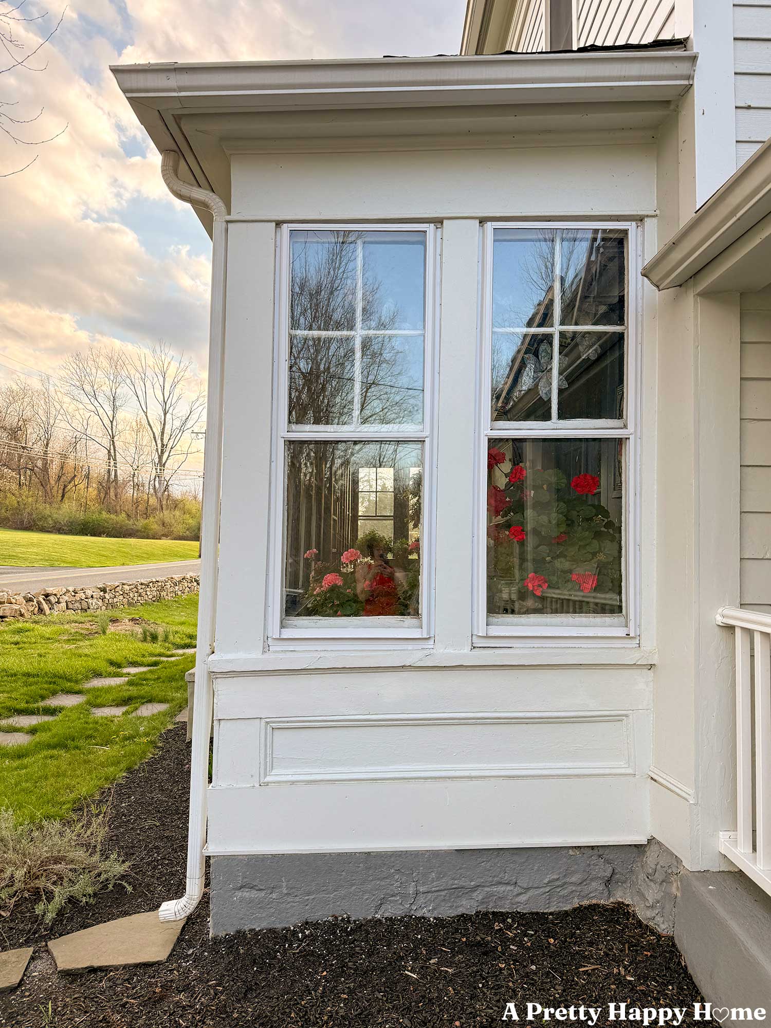 the outside of a sunporch on a house painted white. through the window you can see red and pink geraniums in bloom.