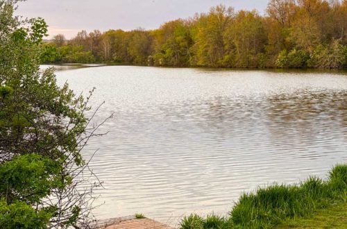 lake with a dock at sunset