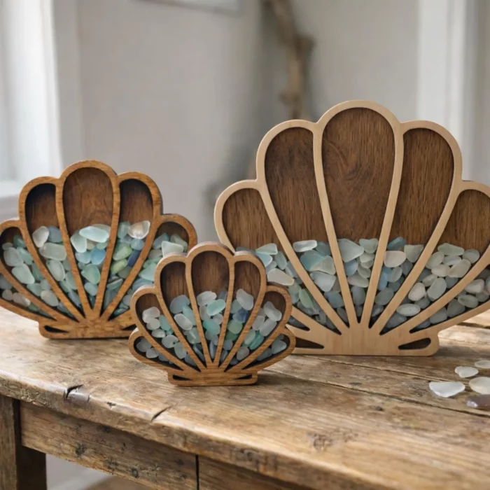 three sea shell shaped wood holders that are half filled with sea glass