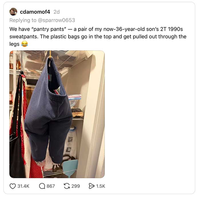 toddler sweatpants being used to hold bags in a pantry