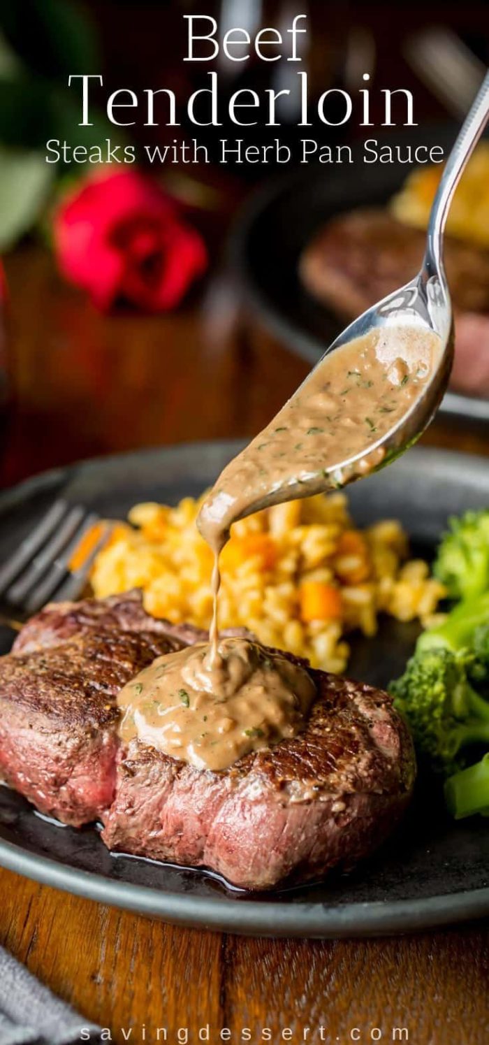 beef tenderloin steaks with a pan herb sauce being poured over the top. recipe by saving room for dessert.