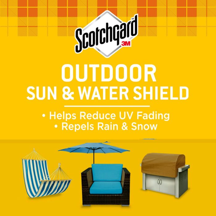 Advertisement on yellow background for Scotchgard Outdoor Sun and Water Shield. Shows pictures of the product being able to protect outdoor furniture and umbrellas.