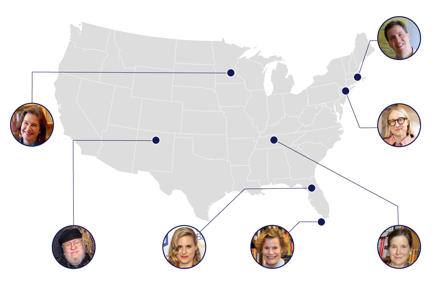 map of the u.s. with author pictures showing which authors own bookstores via apneas