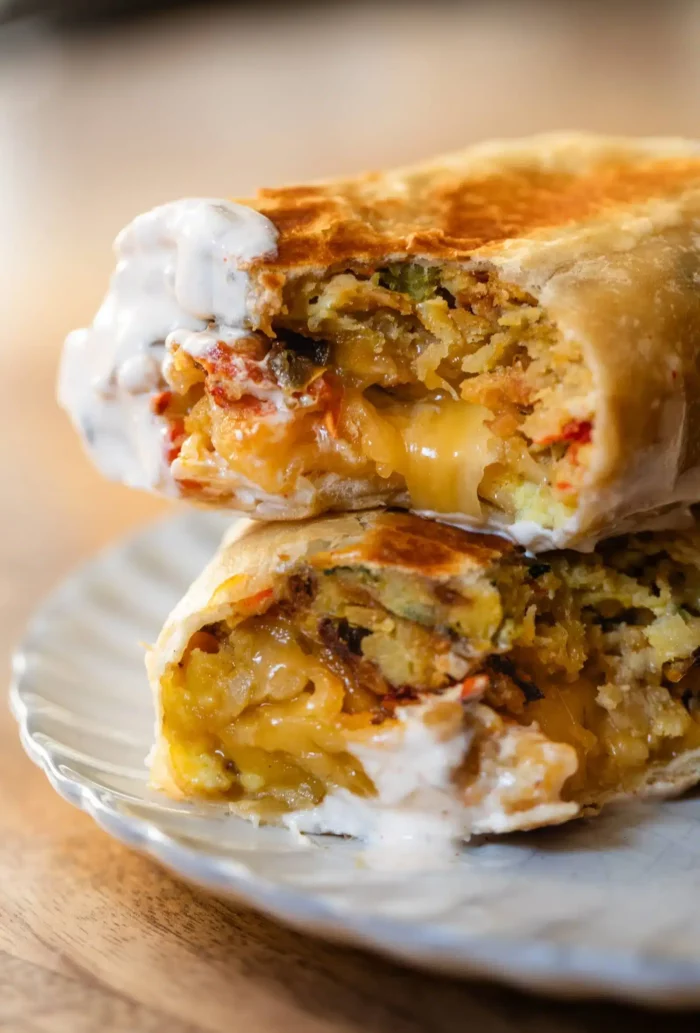 a crispy breakfast burrito made with eggs and veggies cut in half on a plate. One half is dipped in a chipotle cream.