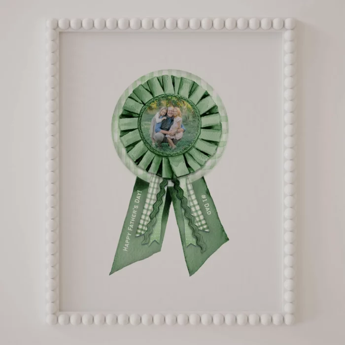 watercolor green ribbon with a picture of dad and kids in the center and framed in a white frame for a father's day gift