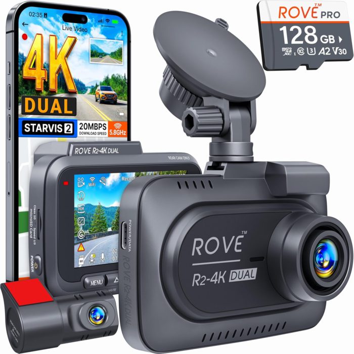rove dash cam showing the actual camera with suction mount and the app on your phone