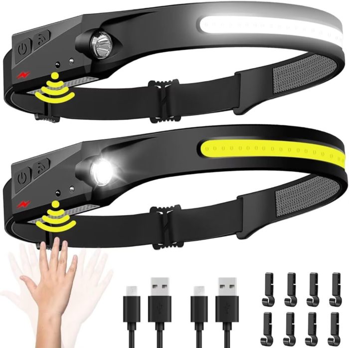 rechargeable set of two headlamps with led lights and motion sensors
