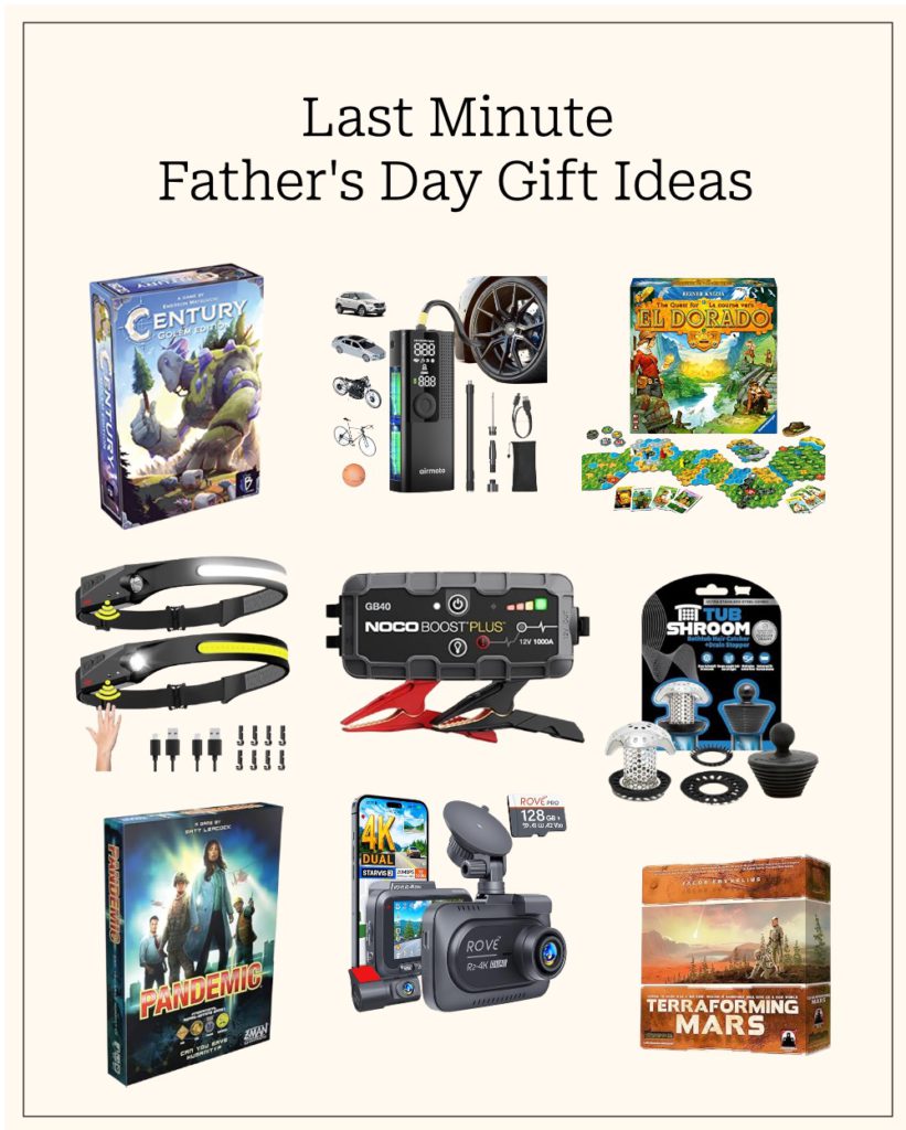 collage of last minute father's day gift ideas from amazon including gifts for the car and board games