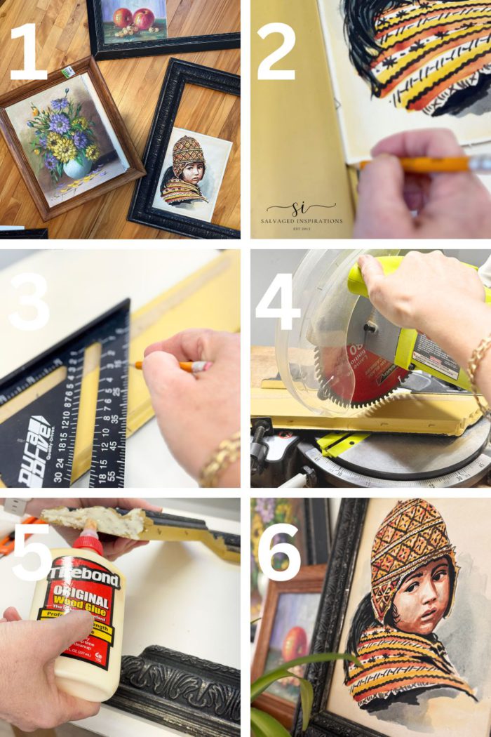 steps showing how to cut down a larger picture frame to fit smaller artwork including using a miter saw and wood glue
