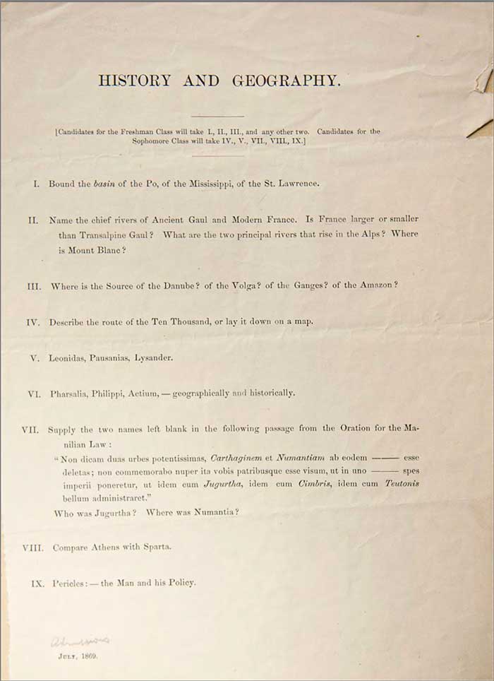 history and geography page of the 1869 Harvard entrance exam for students