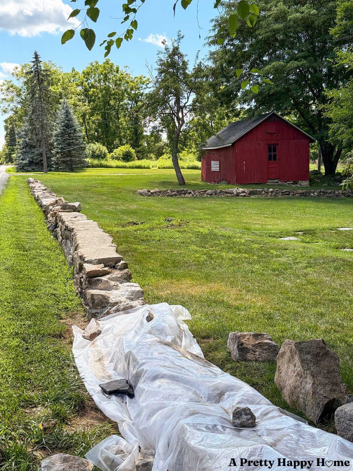 Old stone wall running through a grassy area with a red barn and trees in background. Wall is partially covered in plastic as it is being repaired.