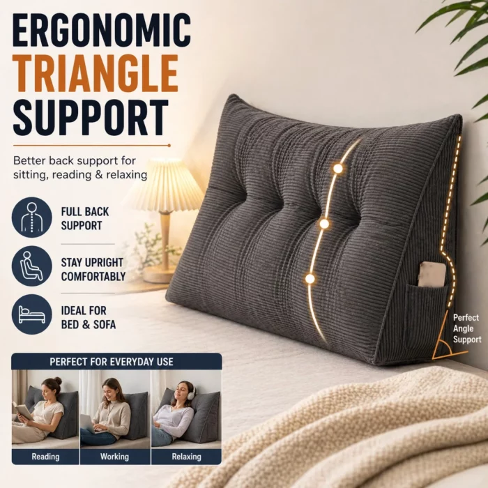 ergonomic triangle support pillow for a headboard