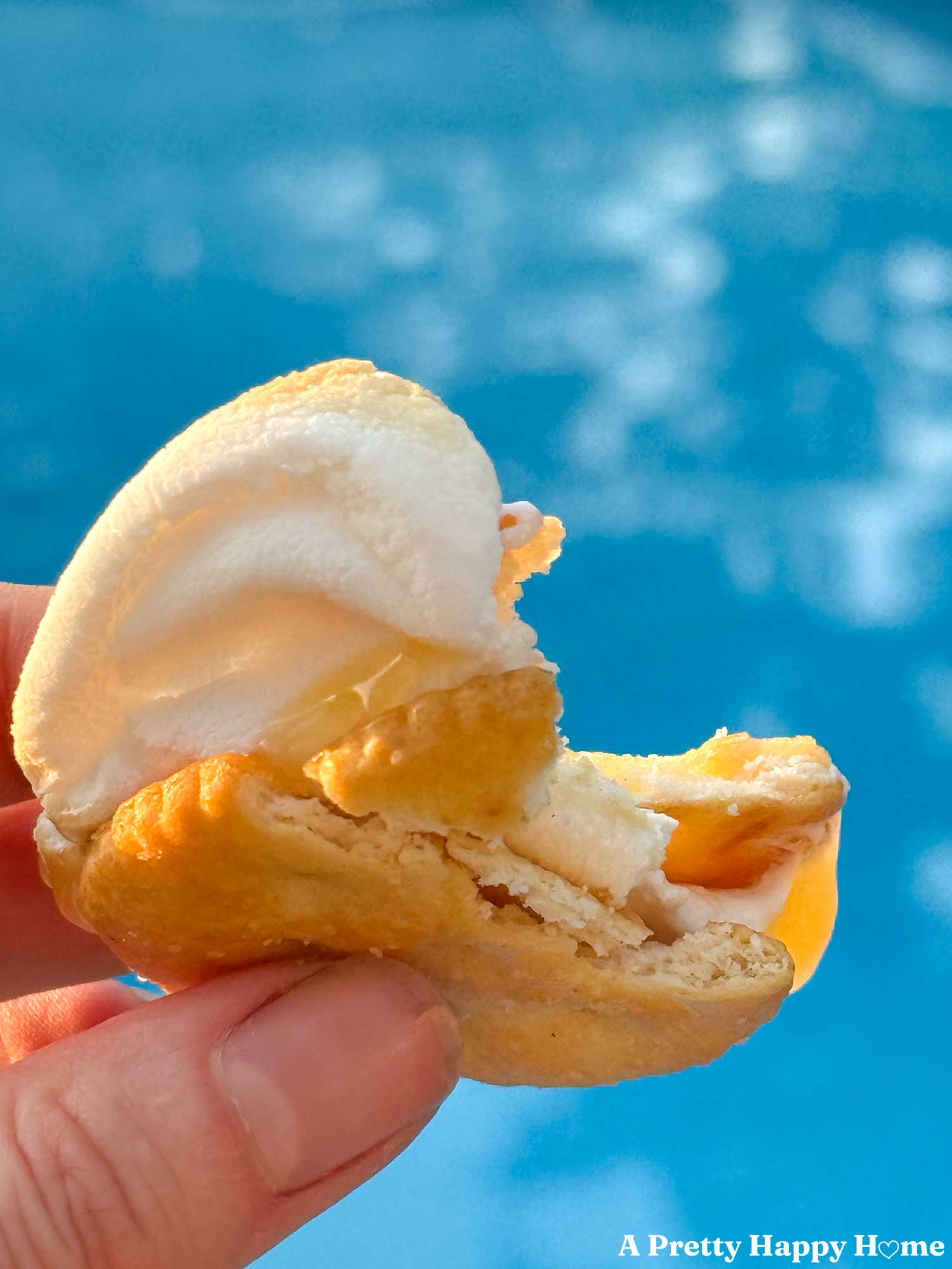 Against a blue background of a swimming pool, a woman's hand holding a lemon curd s'more with a bite taken out of it.