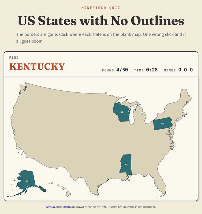 US States with no outlines map game where you click on the state that's highlighted and you get three chances before you lose