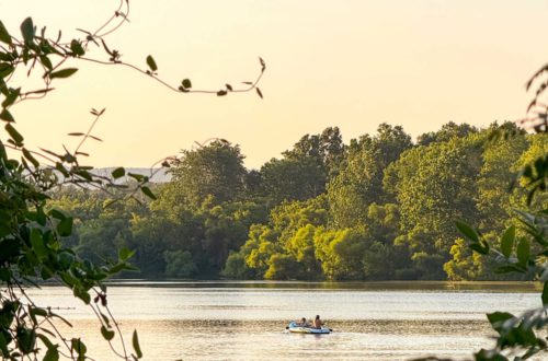 canoe on a calm lake at dusk with green trees in the background and foreground