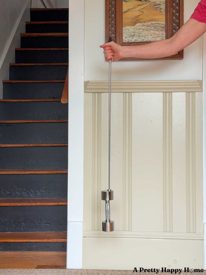 woman holding a telescoping magnet that is lifting a five pound weight. Behind the weight is tan colored wainscoting, a beach painting, and a set of stairs with black risers.