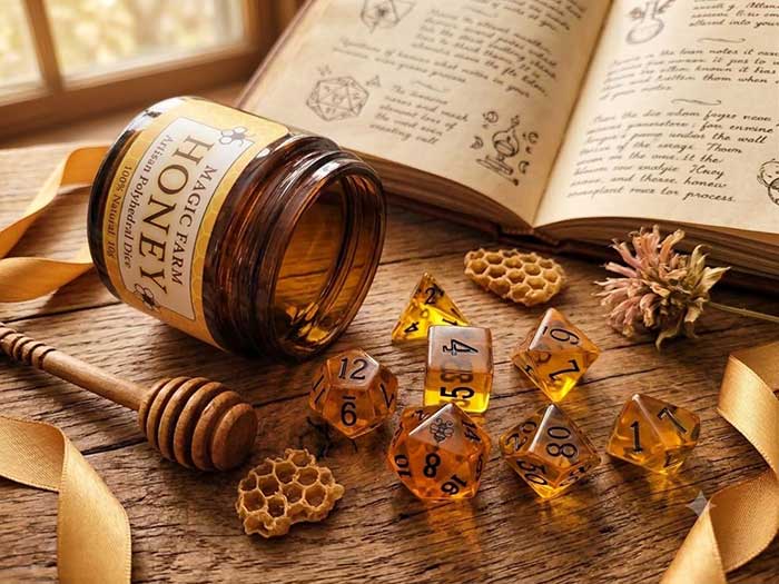 dice set made to look the color honey spilling out of a honey jar and surrounded by honeycombs and recipe books