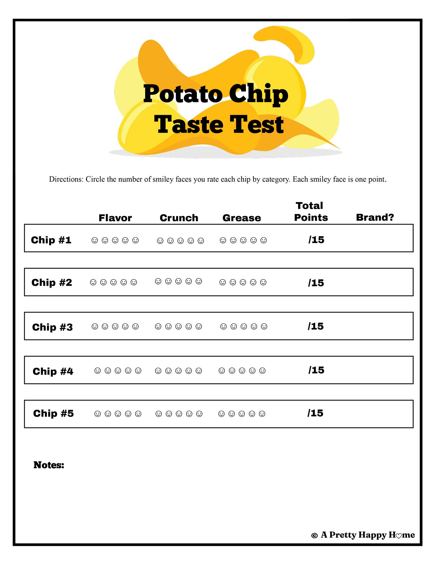 free printable titled potato chip taste test and it includes categories for crunch, grease, and flavor