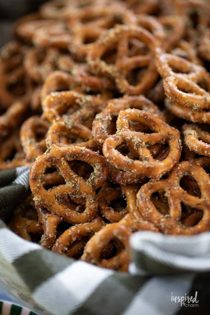 bowl of homemade dill pickle seasoned pretzels